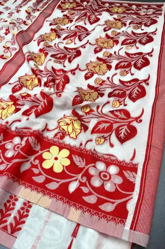 white linen printed saree with abstract print