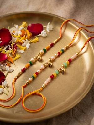 set of 3 artificial beads orange thread rakhi with roli chawal chandan mishri 5