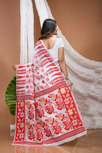 white linen printed saree with abstract print