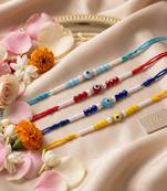 set of 4 multicolor evil eye thread rakhi with roli chawal chandan mishri