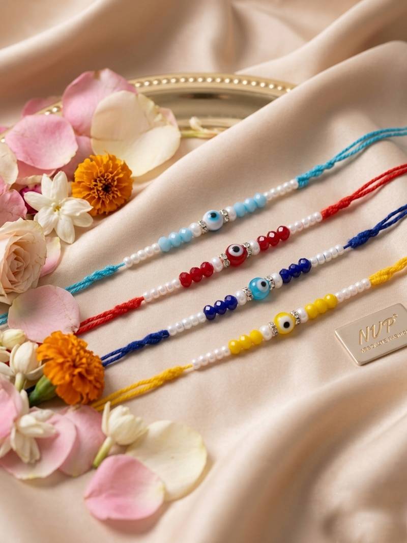 set of 4 multicolor evil eye thread rakhi with roli chawal chandan mishri