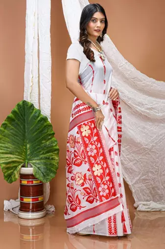 white linen printed saree with abstract print