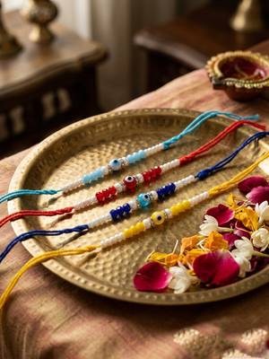 set of 4 multicolor evil eye thread rakhi with roli chawal chandan mishri 2