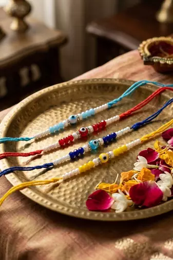 set of 4 multicolor evil eye thread rakhi with roli chawal chandan mishri