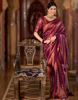 wine silk blend zari woven saree 1
