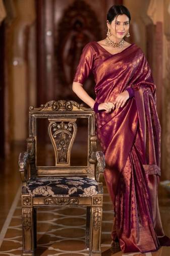 wine silk blend zari woven saree
