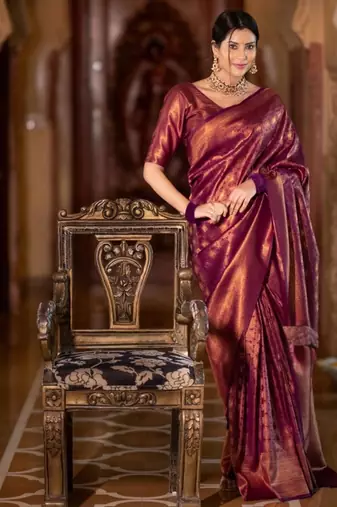 wine silk blend zari woven saree