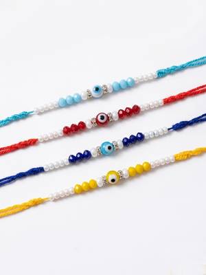 set of 4 multicolor evil eye thread rakhi with roli chawal chandan mishri 3