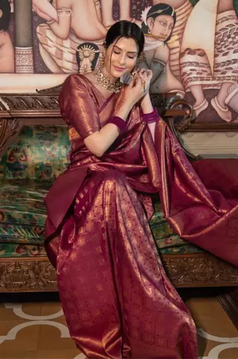 wine silk blend zari woven saree