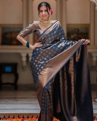 teal silk blend zari woven saree 1