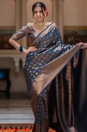 teal silk blend zari woven saree
