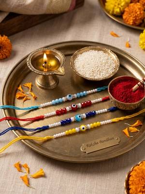 set of 4 multicolor evil eye thread rakhi with roli chawal chandan mishri 5