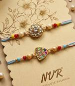 set of 2 gold toned artificial stones & beads thread rakhi with roli chawal chandan
