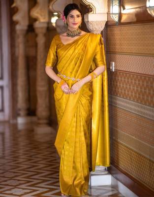 yellow silk blend zari woven saree 1