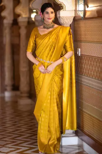 yellow silk blend zari woven saree