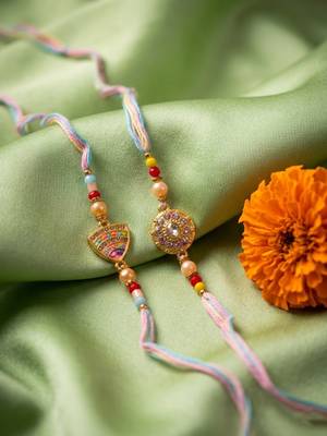 set of 2 gold toned artificial stones & beads thread rakhi with roli chawal chandan 2