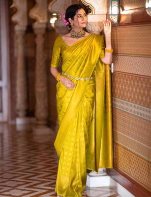 yellow silk blend zari woven saree 2