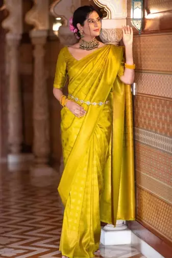 yellow silk blend zari woven saree