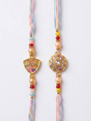 set of 2 gold toned artificial stones & beads thread rakhi with roli chawal chandan 3