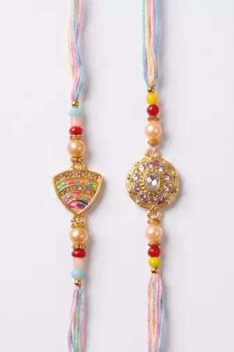 set of 2 gold toned artificial stones & beads thread rakhi with roli chawal chandan