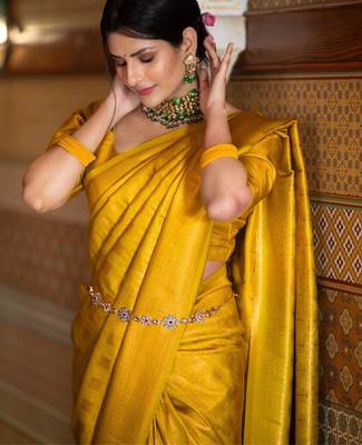 yellow silk blend zari woven saree 3