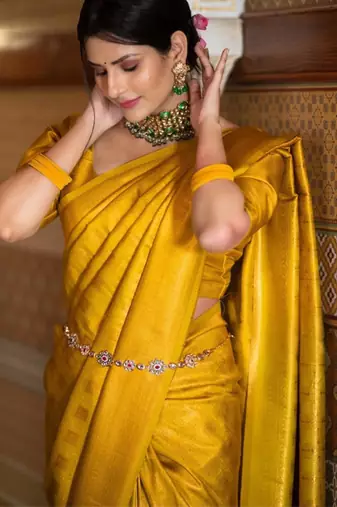 yellow silk blend zari woven saree