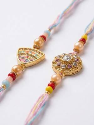 set of 2 gold toned artificial stones & beads thread rakhi with roli chawal chandan 4