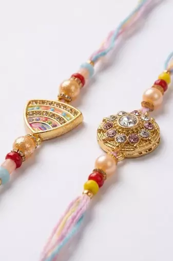 set of 2 gold toned artificial stones & beads thread rakhi with roli chawal chandan