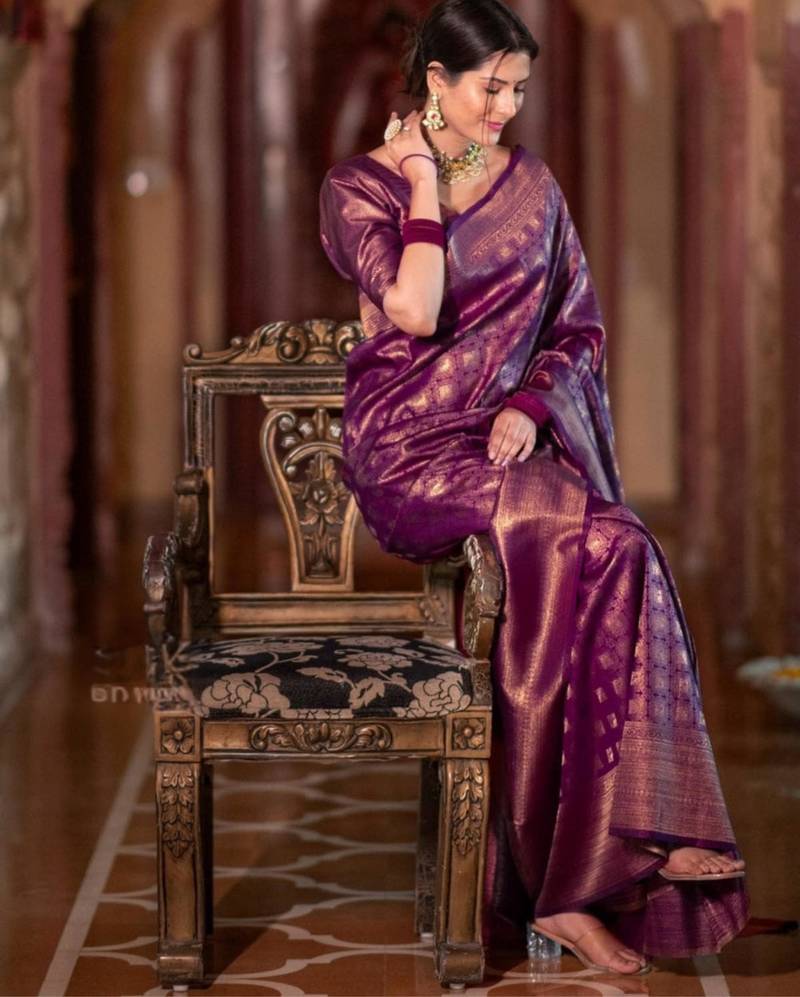 purple silk blend zari woven saree