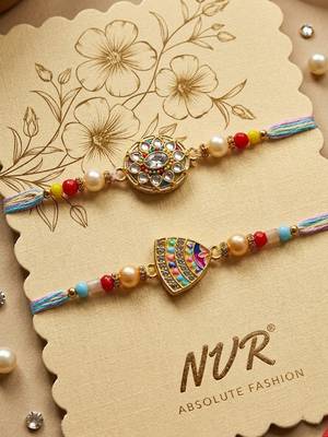 set of 2 gold toned artificial stones & beads thread rakhi with roli chawal chandan 5