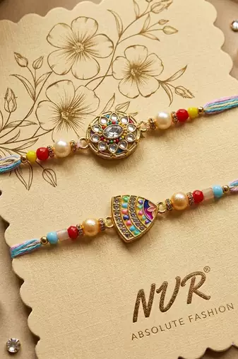 set of 2 gold toned artificial stones & beads thread rakhi with roli chawal chandan