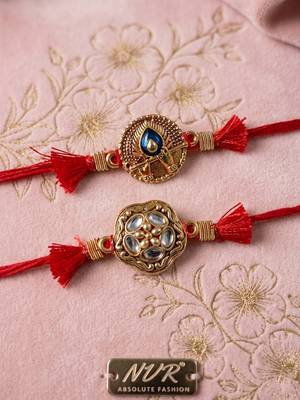 set of 2 gold toned artificial stones thread rakhi with roli chawal chandan mishri 1