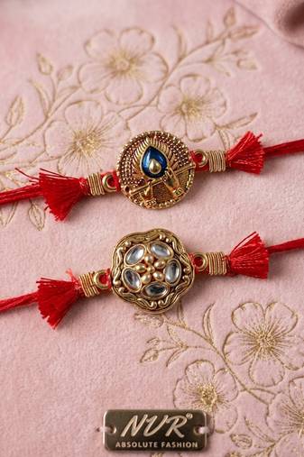 set of 2 gold toned artificial stones thread rakhi with roli chawal chandan mishri