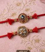 set of 2 gold toned artificial stones thread rakhi with roli chawal chandan mishri