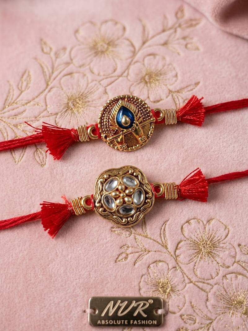 set of 2 gold toned artificial stones thread rakhi with roli chawal chandan mishri