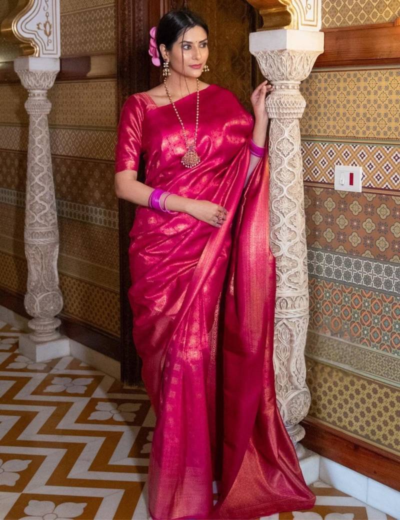magenta silk blend zari woven saree