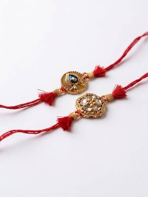 set of 2 gold toned artificial stones thread rakhi with roli chawal chandan mishri 2