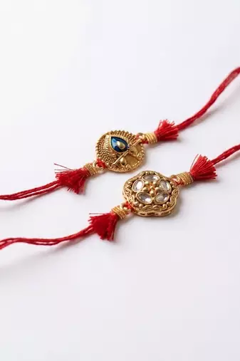 set of 2 gold toned artificial stones thread rakhi with roli chawal chandan mishri