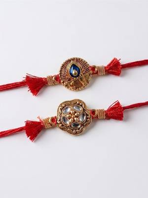 set of 2 gold toned artificial stones thread rakhi with roli chawal chandan mishri 3