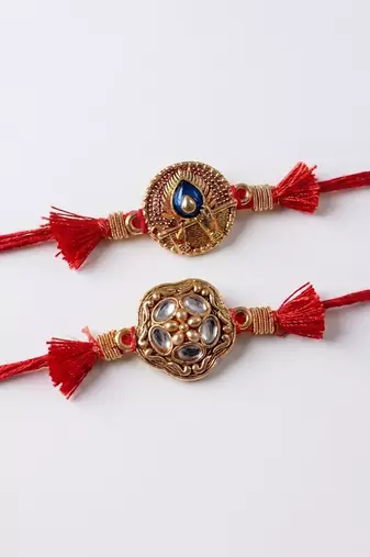 set of 2 gold toned artificial stones thread rakhi with roli chawal chandan mishri