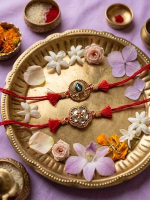 set of 2 gold toned artificial stones thread rakhi with roli chawal chandan mishri 4