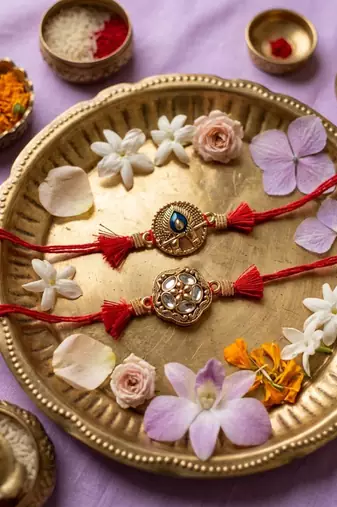 set of 2 gold toned artificial stones thread rakhi with roli chawal chandan mishri
