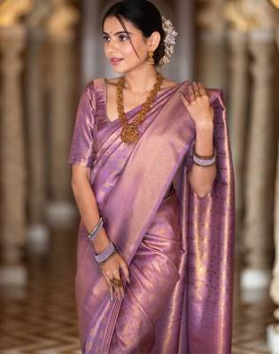purple silk blend zari woven saree 2