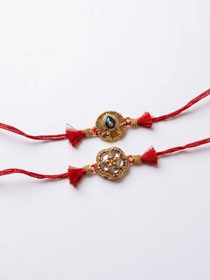 set of 2 gold toned artificial stones thread rakhi with roli chawal chandan mishri 5