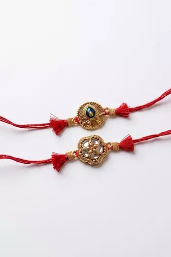 set of 2 gold toned artificial stones thread rakhi with roli chawal chandan mishri