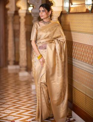 beige silk blend zari woven saree 1