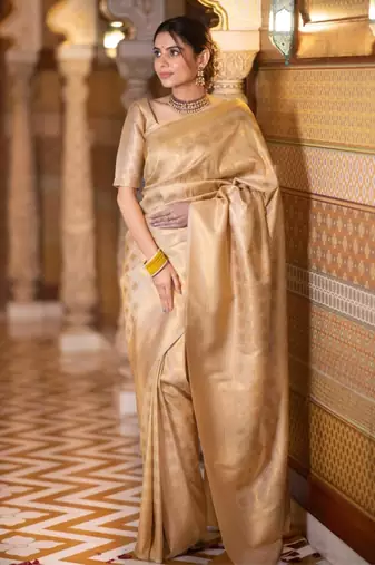 beige silk blend zari woven saree