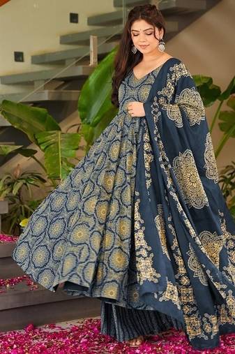 Floral printed muslin v neck navy-blue anarkali set