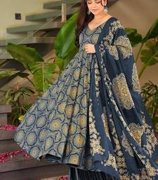 Floral printed muslin v neck navy-blue anarkali set