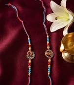 set of 2 multicolor artificial beads thread rakhi with roli chawal chandan mishri